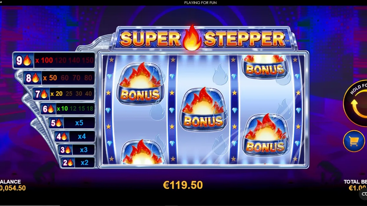 Tampilan visual slot Super Stepper dengan tema neon ungu dan grid 3x3