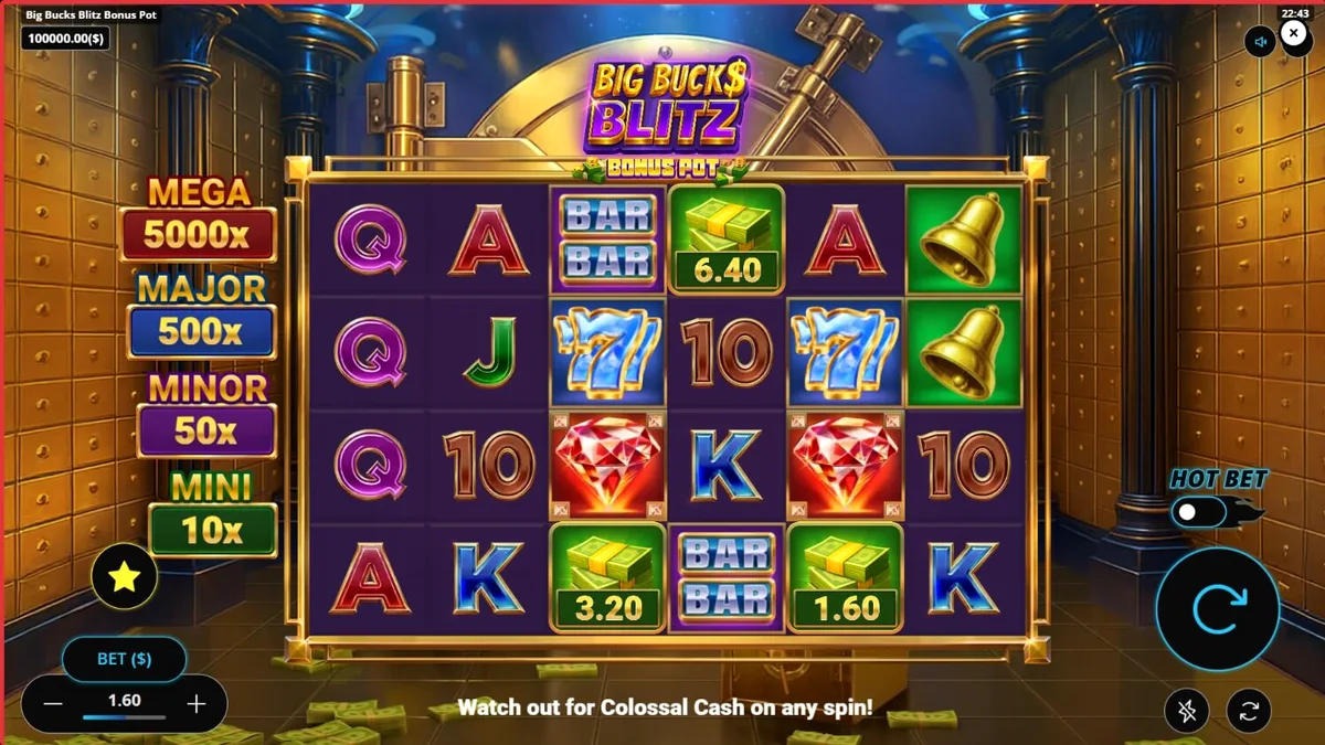Tampilan visual brankas mewah dalam slot Big Bucks Blitz Bonus Pot